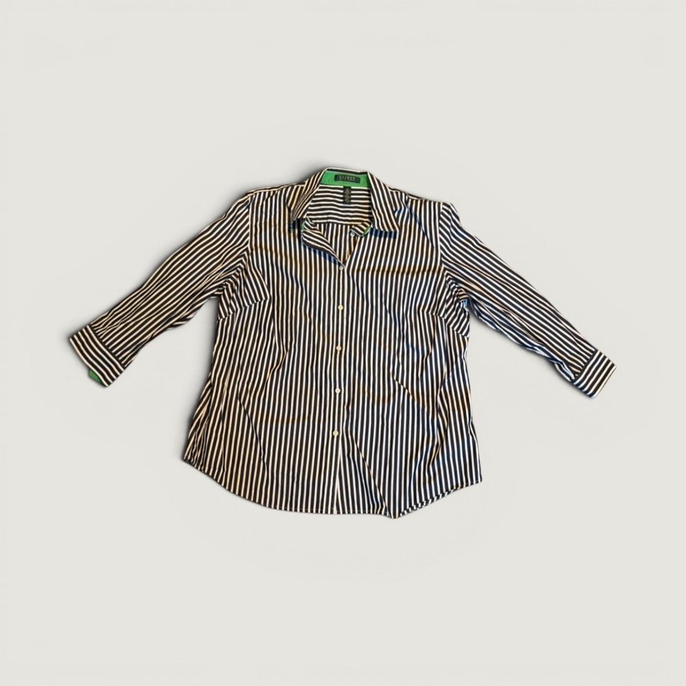 Lauren Ralph Lauren Navy White Striped Cotton Button Down Shirt Green Trim 1X